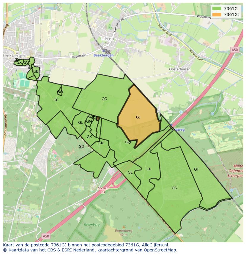 Afbeelding van het postcodegebied 7361 GJ op de kaart.