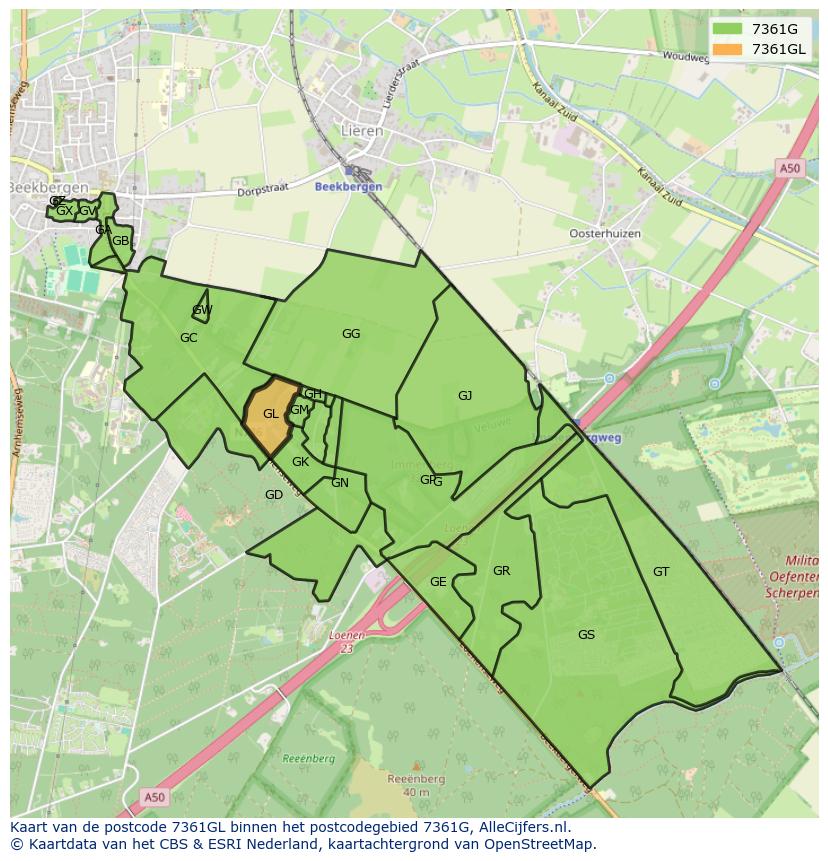 Afbeelding van het postcodegebied 7361 GL op de kaart.