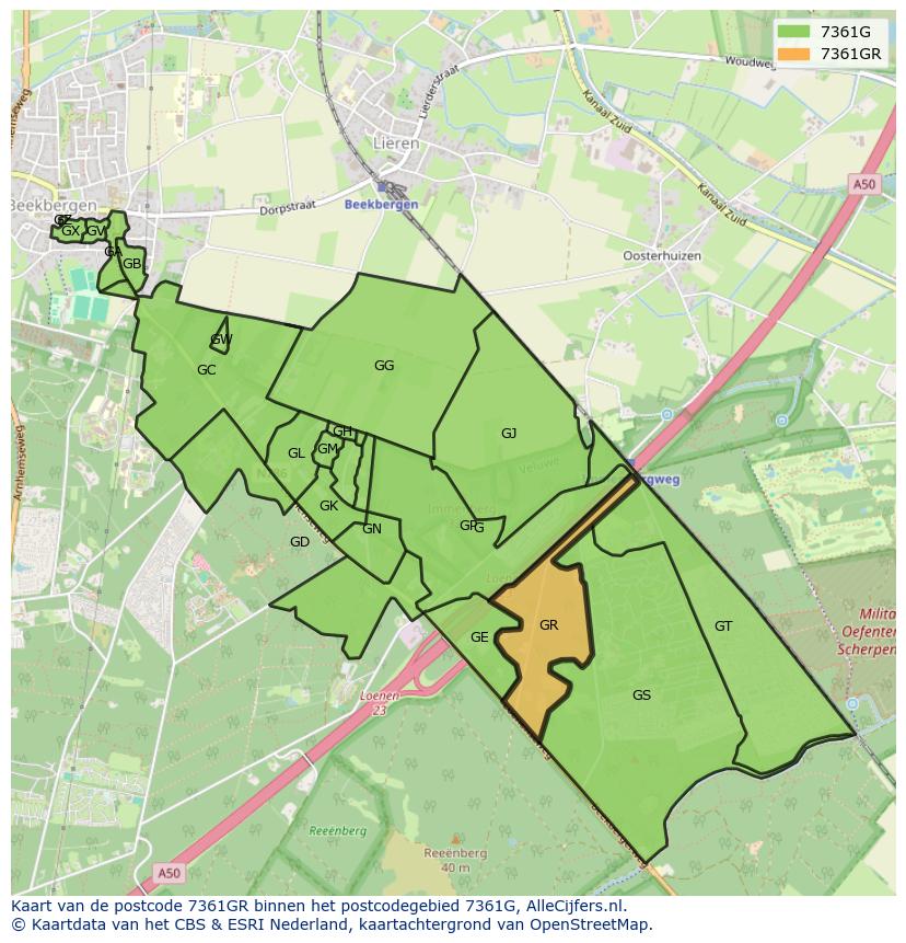 Afbeelding van het postcodegebied 7361 GR op de kaart.