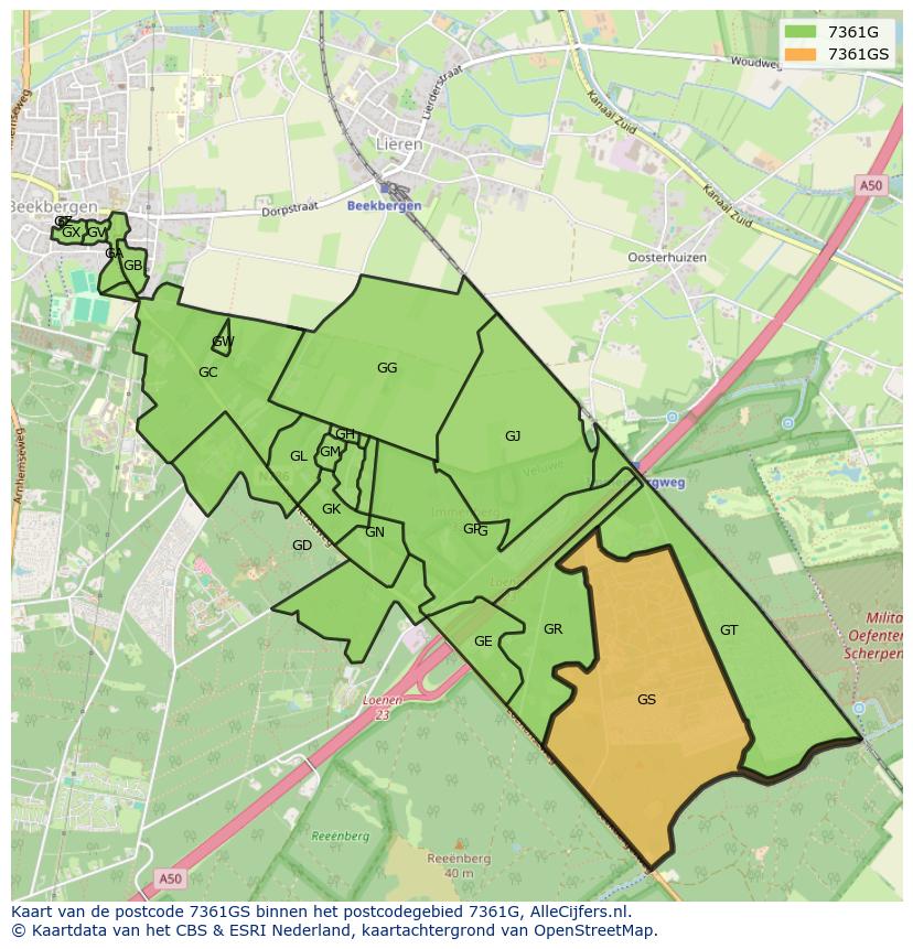 Afbeelding van het postcodegebied 7361 GS op de kaart.