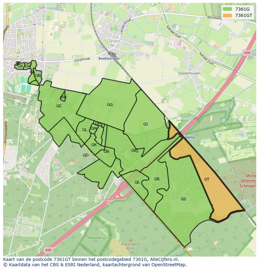 Afbeelding van het postcodegebied 7361 GT op de kaart.