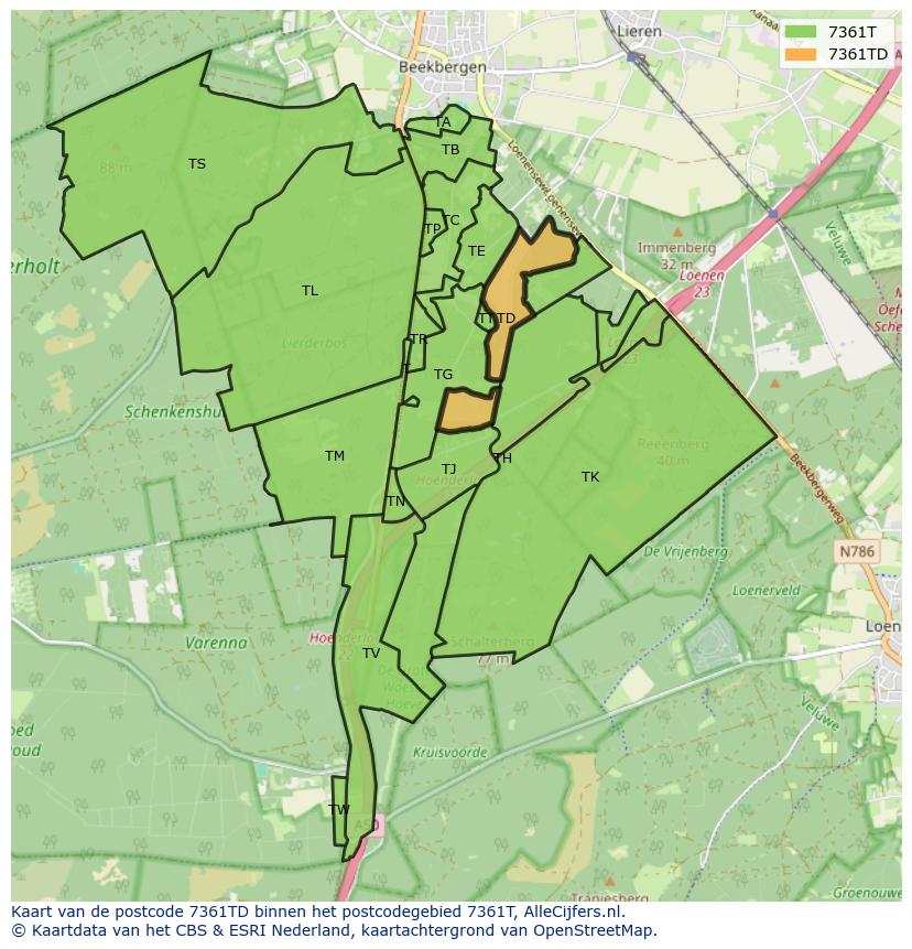 Afbeelding van het postcodegebied 7361 TD op de kaart.