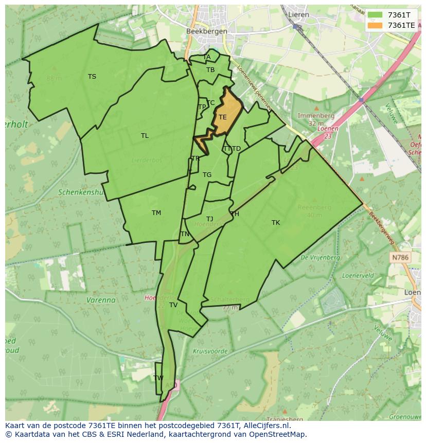 Afbeelding van het postcodegebied 7361 TE op de kaart.