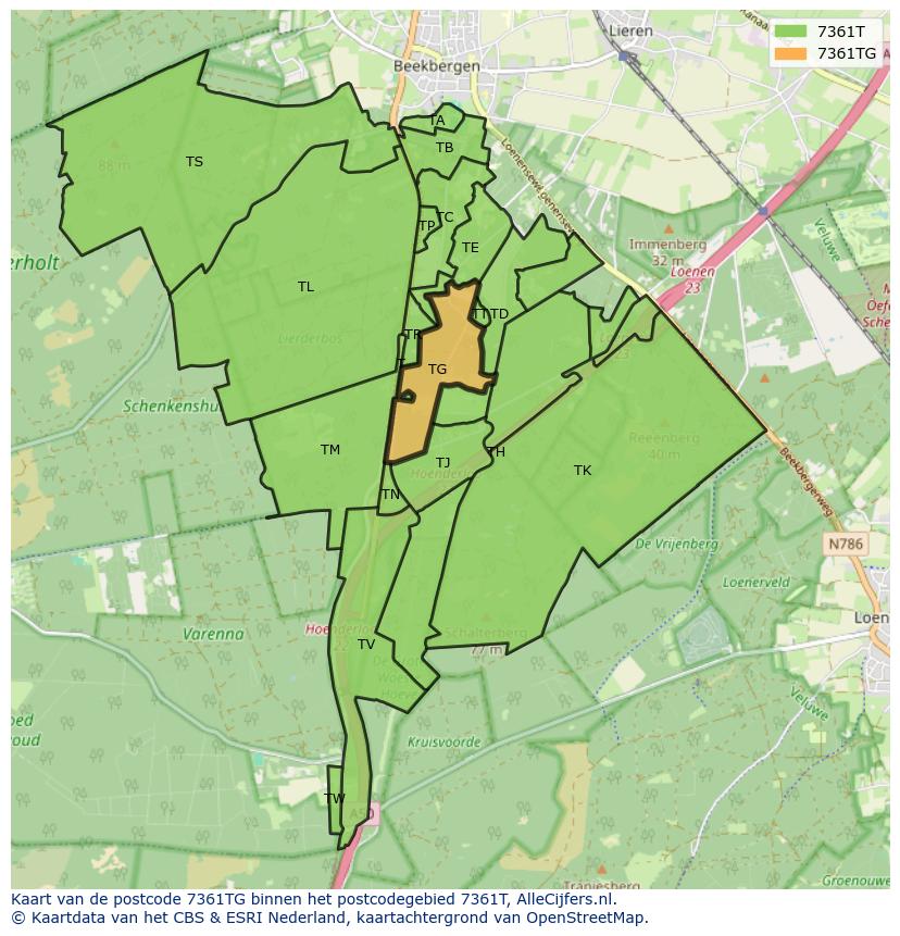 Afbeelding van het postcodegebied 7361 TG op de kaart.