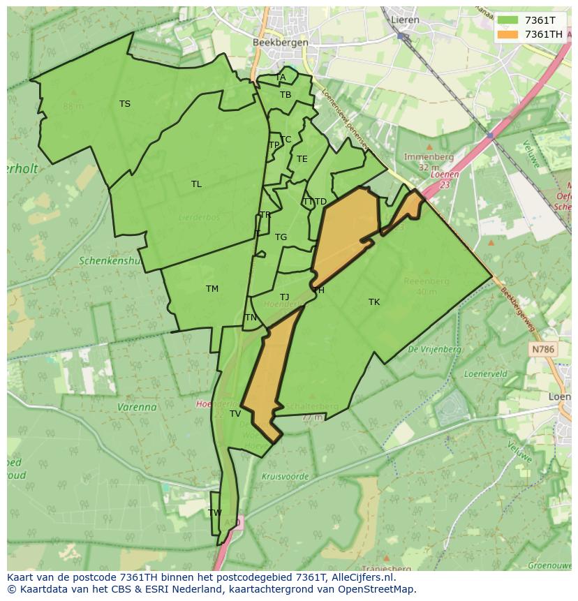 Afbeelding van het postcodegebied 7361 TH op de kaart.