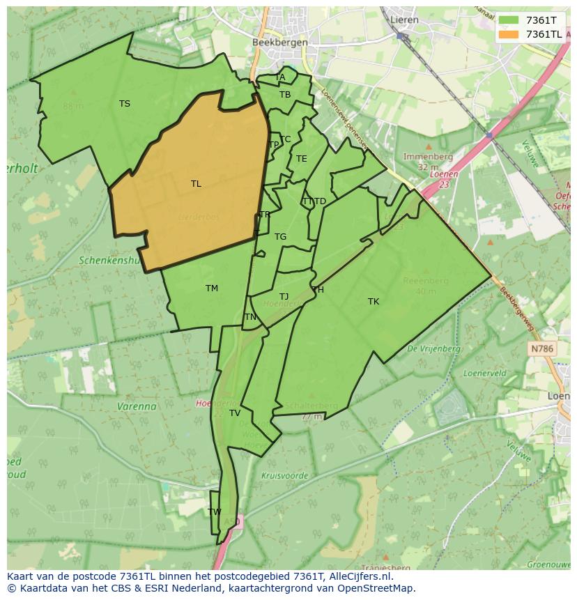 Afbeelding van het postcodegebied 7361 TL op de kaart.
