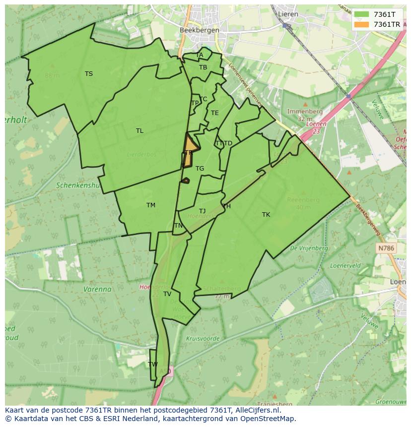 Afbeelding van het postcodegebied 7361 TR op de kaart.