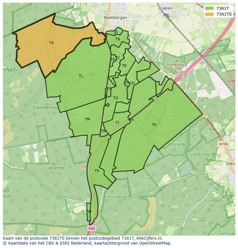 Afbeelding van het postcodegebied 7361 TS op de kaart.