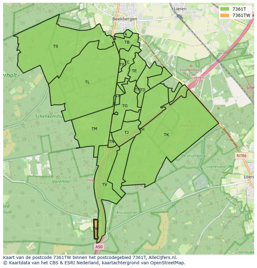 Afbeelding van het postcodegebied 7361 TW op de kaart.