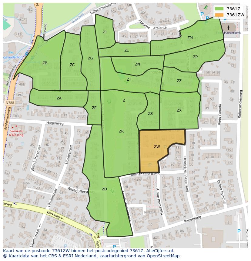 Afbeelding van het postcodegebied 7361 ZW op de kaart.