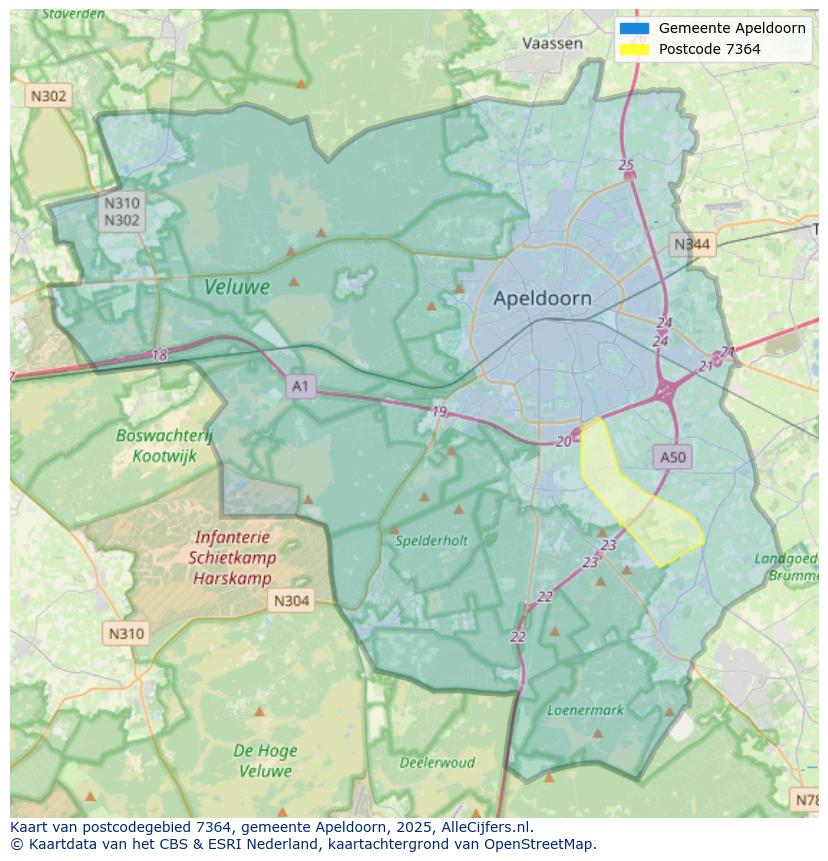 Afbeelding van het postcodegebied 7364 op de kaart.