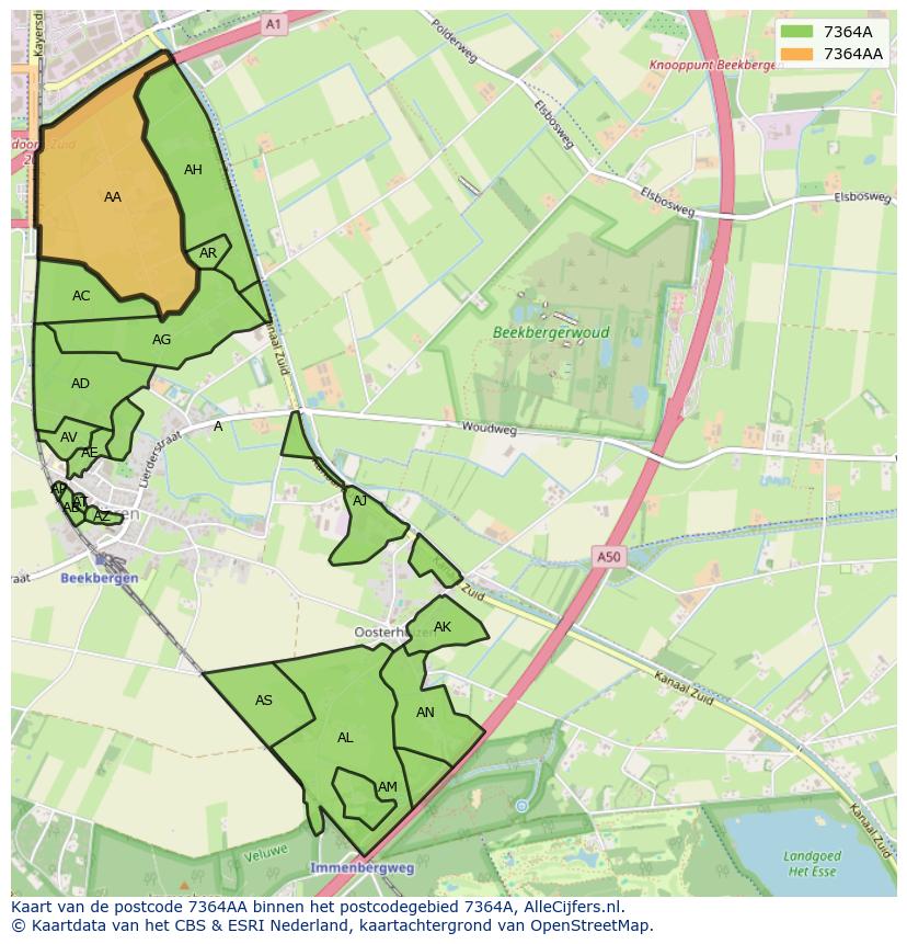 Afbeelding van het postcodegebied 7364 AA op de kaart.