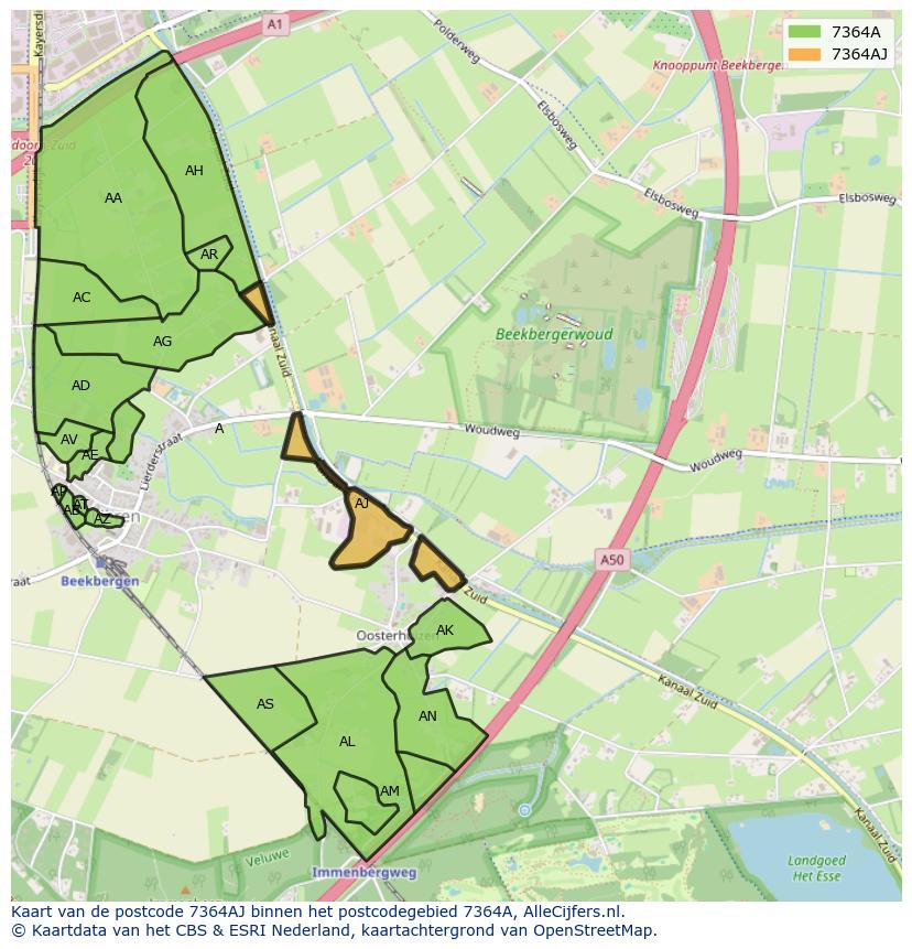 Afbeelding van het postcodegebied 7364 AJ op de kaart.