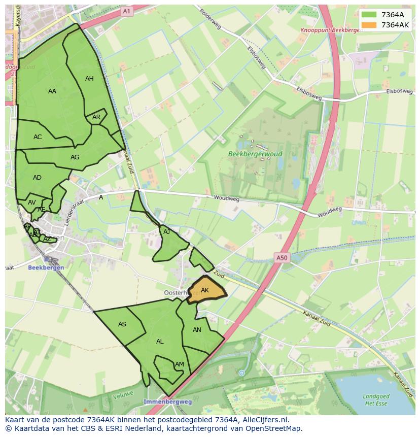 Afbeelding van het postcodegebied 7364 AK op de kaart.