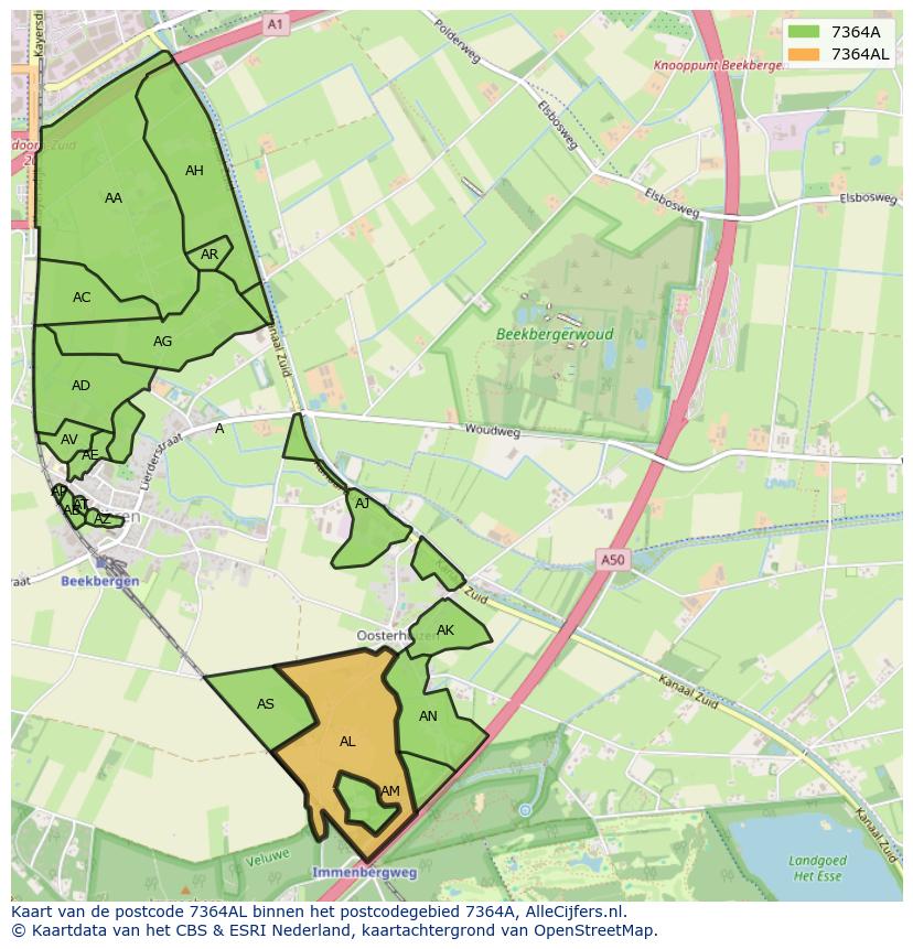 Afbeelding van het postcodegebied 7364 AL op de kaart.