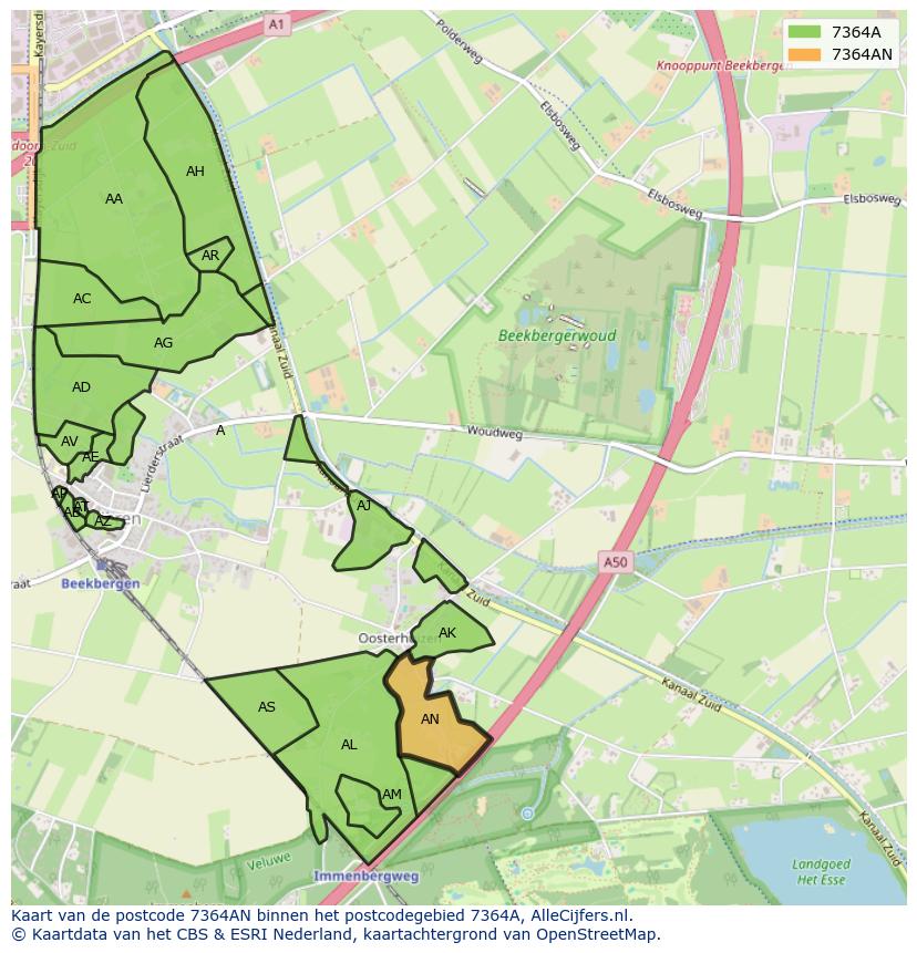 Afbeelding van het postcodegebied 7364 AN op de kaart.