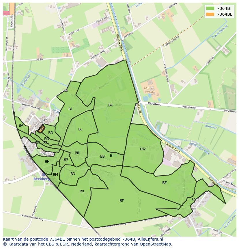 Afbeelding van het postcodegebied 7364 BE op de kaart.