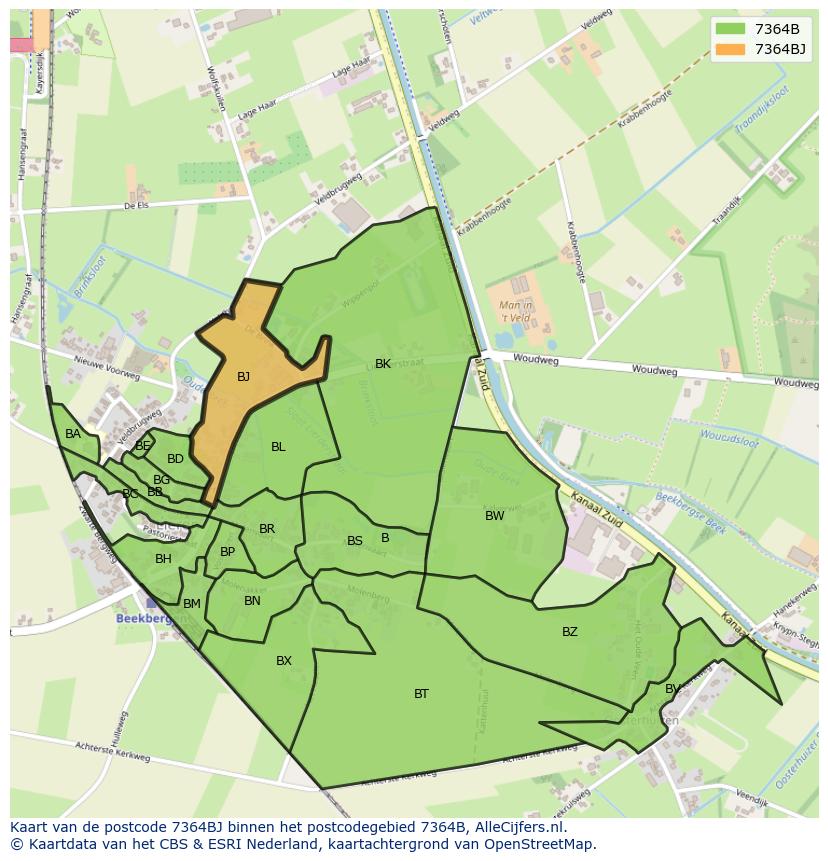 Afbeelding van het postcodegebied 7364 BJ op de kaart.