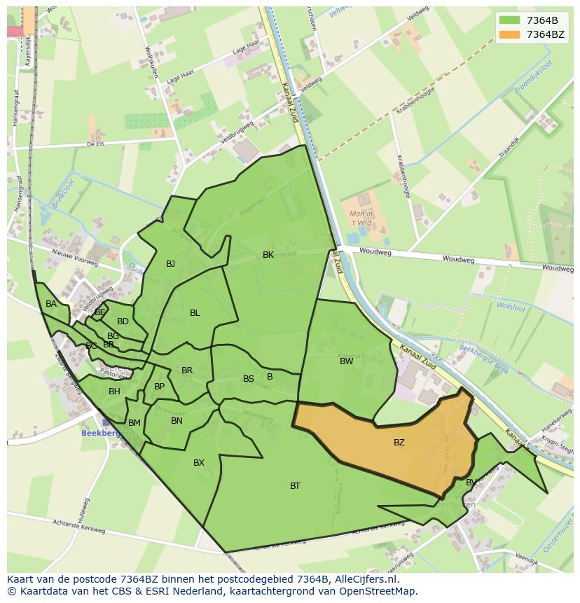Afbeelding van het postcodegebied 7364 BZ op de kaart.