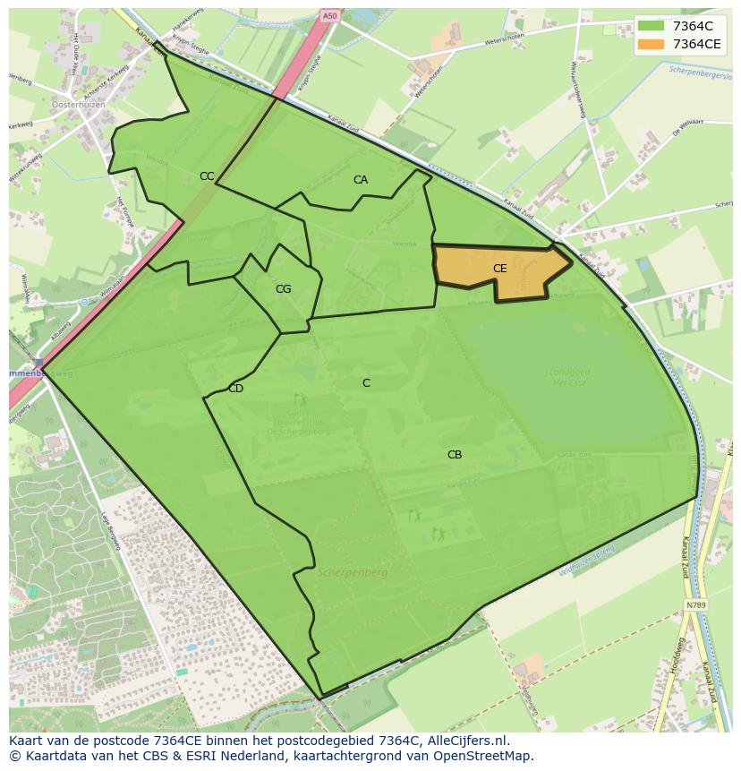 Afbeelding van het postcodegebied 7364 CE op de kaart.