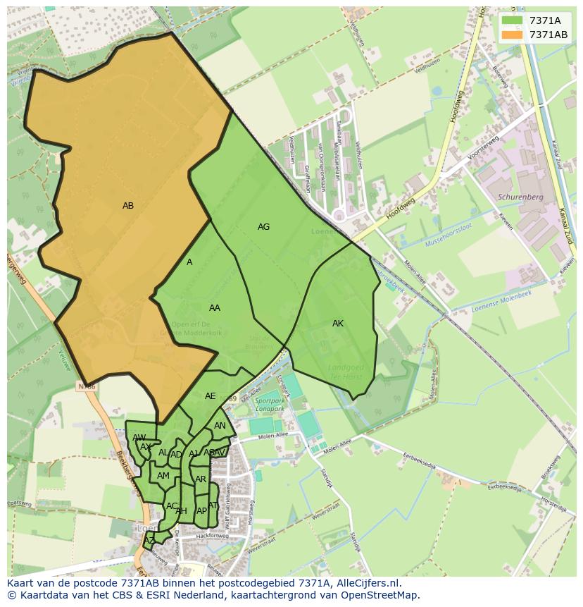 Afbeelding van het postcodegebied 7371 AB op de kaart.
