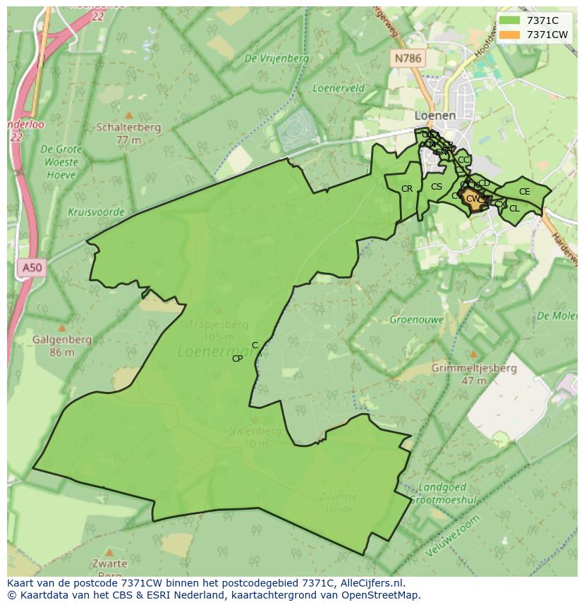 Afbeelding van het postcodegebied 7371 CW op de kaart.