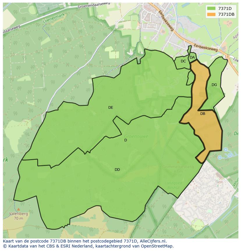 Afbeelding van het postcodegebied 7371 DB op de kaart.