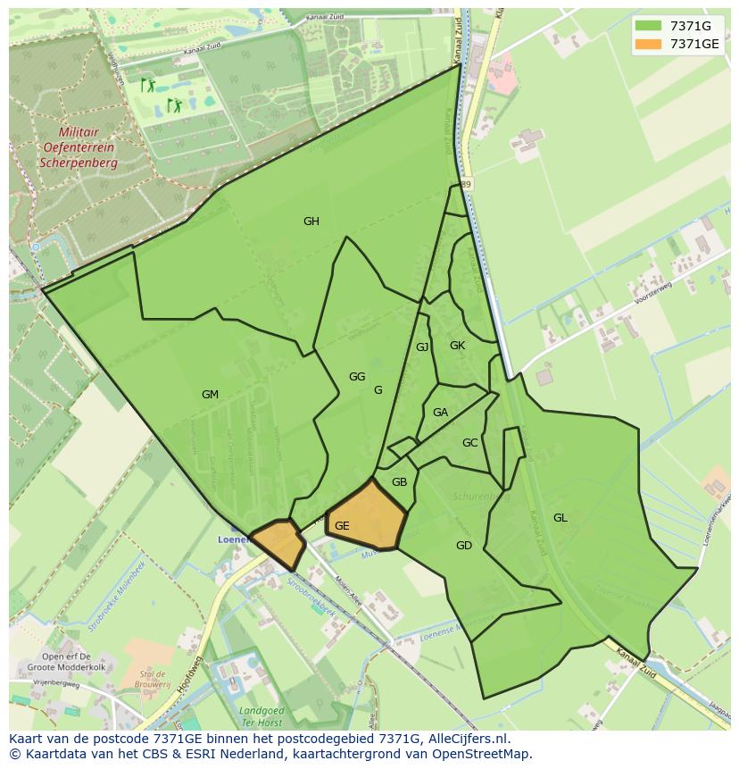 Afbeelding van het postcodegebied 7371 GE op de kaart.