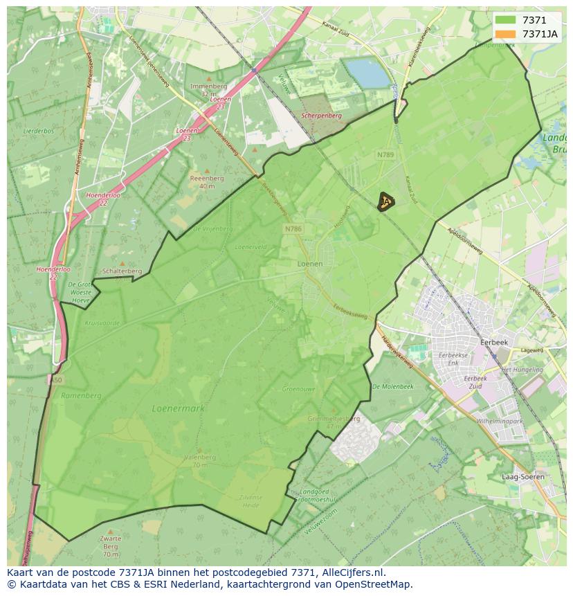 Afbeelding van het postcodegebied 7371 JA op de kaart.