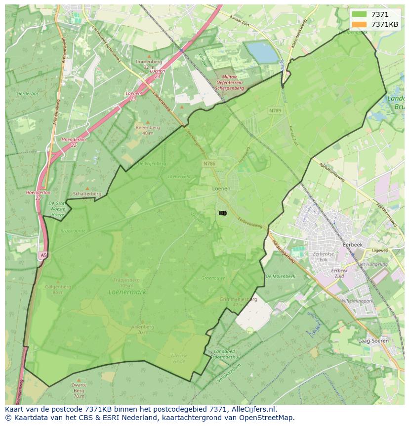 Afbeelding van het postcodegebied 7371 KB op de kaart.