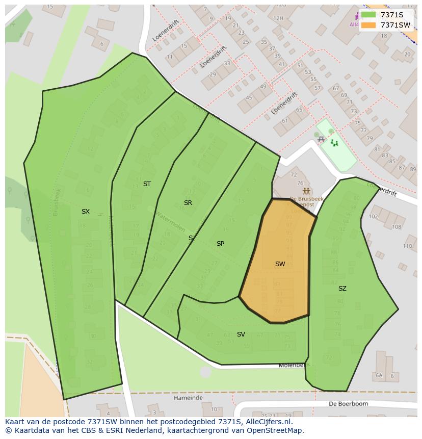 Afbeelding van het postcodegebied 7371 SW op de kaart.