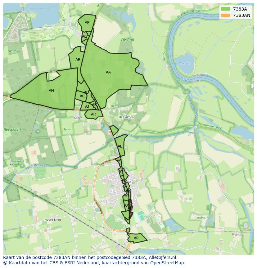 Afbeelding van het postcodegebied 7383 AN op de kaart.