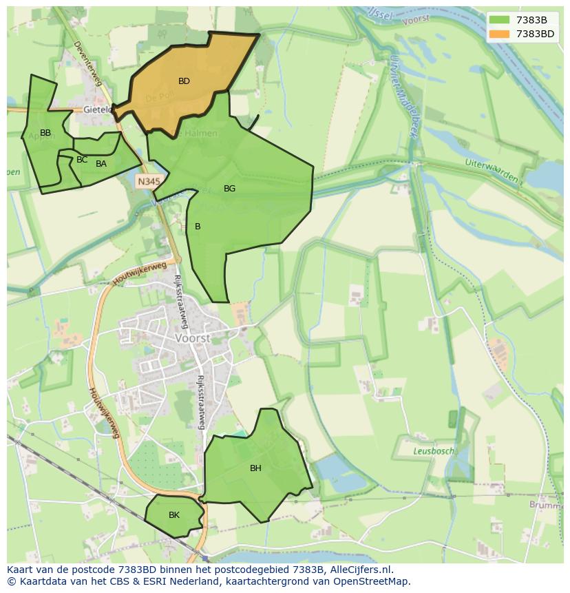 Afbeelding van het postcodegebied 7383 BD op de kaart.