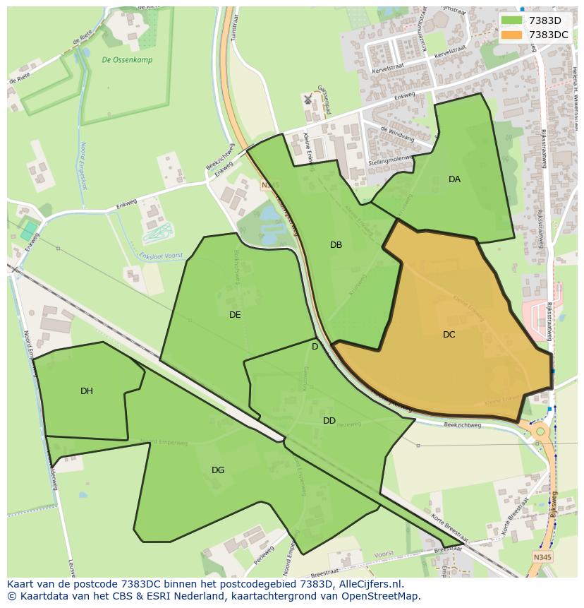 Afbeelding van het postcodegebied 7383 DC op de kaart.