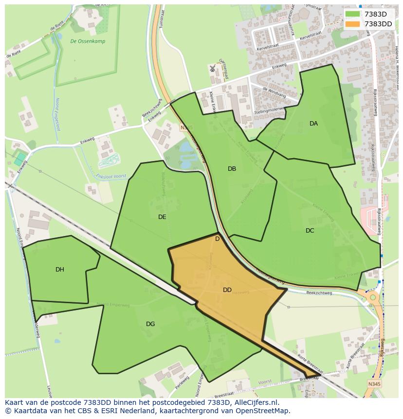 Afbeelding van het postcodegebied 7383 DD op de kaart.