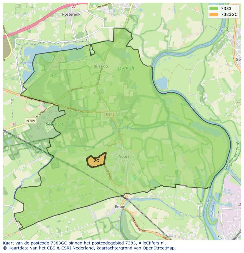 Afbeelding van het postcodegebied 7383 GC op de kaart.