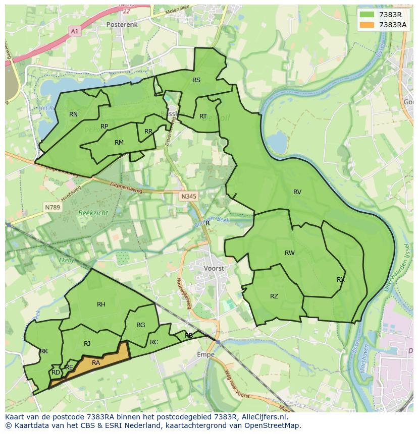 Afbeelding van het postcodegebied 7383 RA op de kaart.