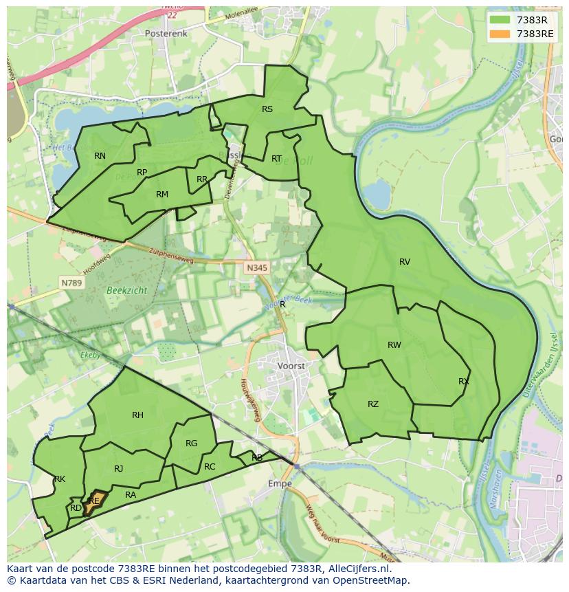 Afbeelding van het postcodegebied 7383 RE op de kaart.