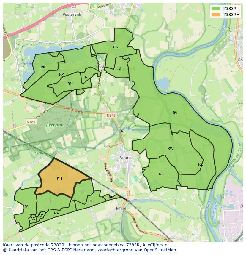 Afbeelding van het postcodegebied 7383 RH op de kaart.