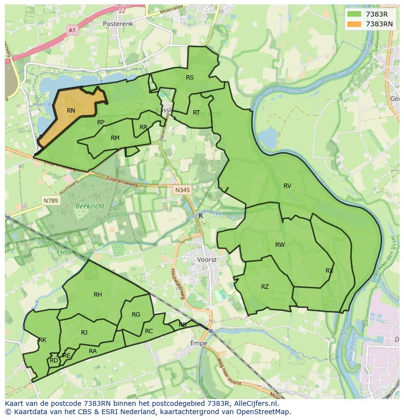 Afbeelding van het postcodegebied 7383 RN op de kaart.