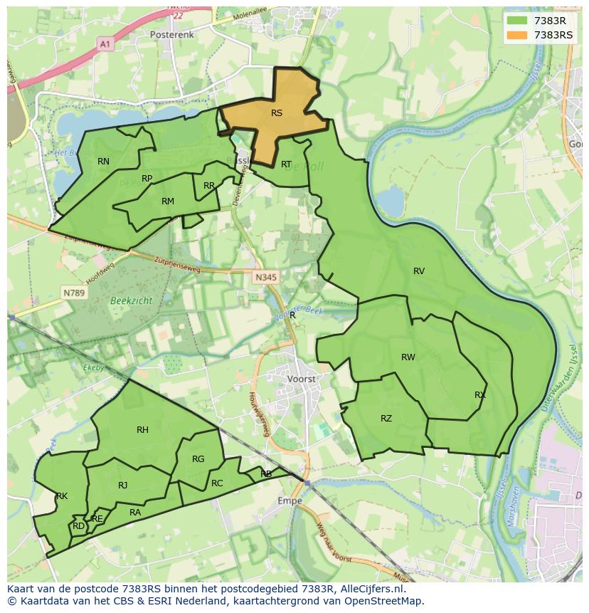 Afbeelding van het postcodegebied 7383 RS op de kaart.