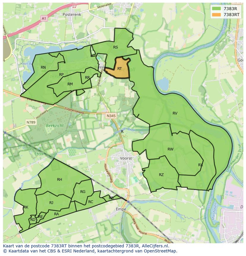 Afbeelding van het postcodegebied 7383 RT op de kaart.