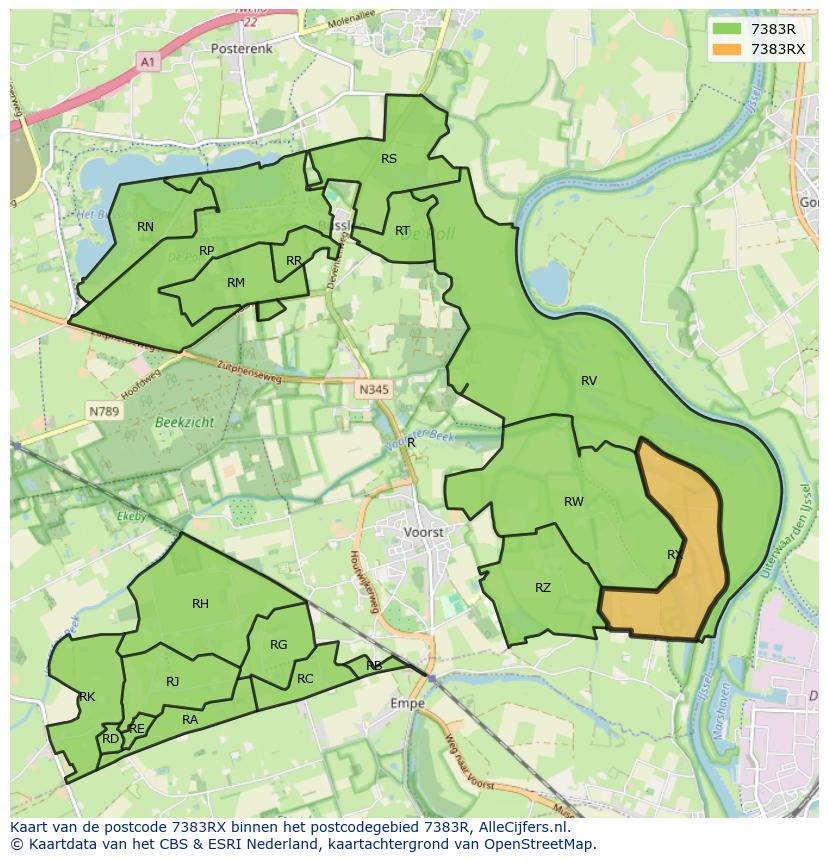Afbeelding van het postcodegebied 7383 RX op de kaart.