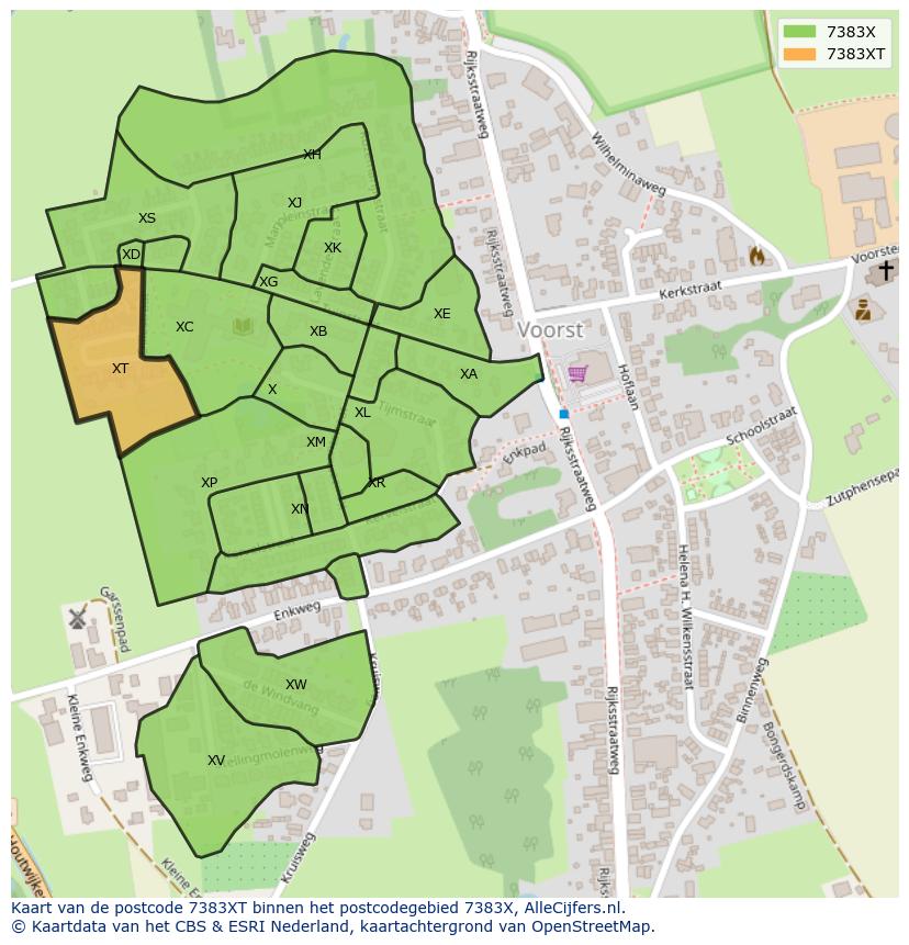 Afbeelding van het postcodegebied 7383 XT op de kaart.
