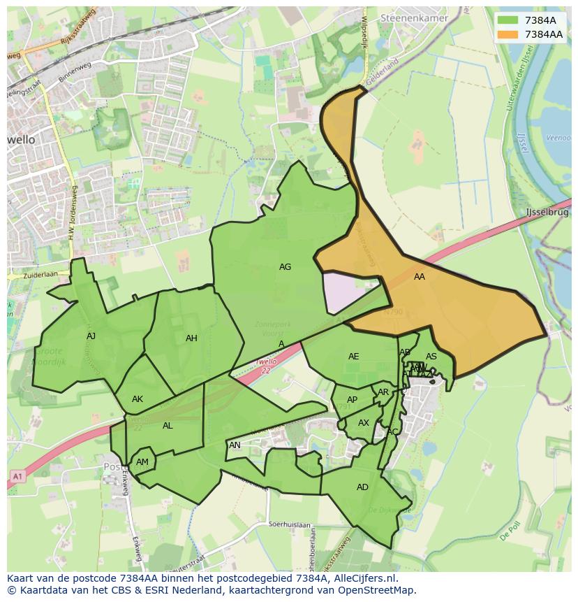 Afbeelding van het postcodegebied 7384 AA op de kaart.