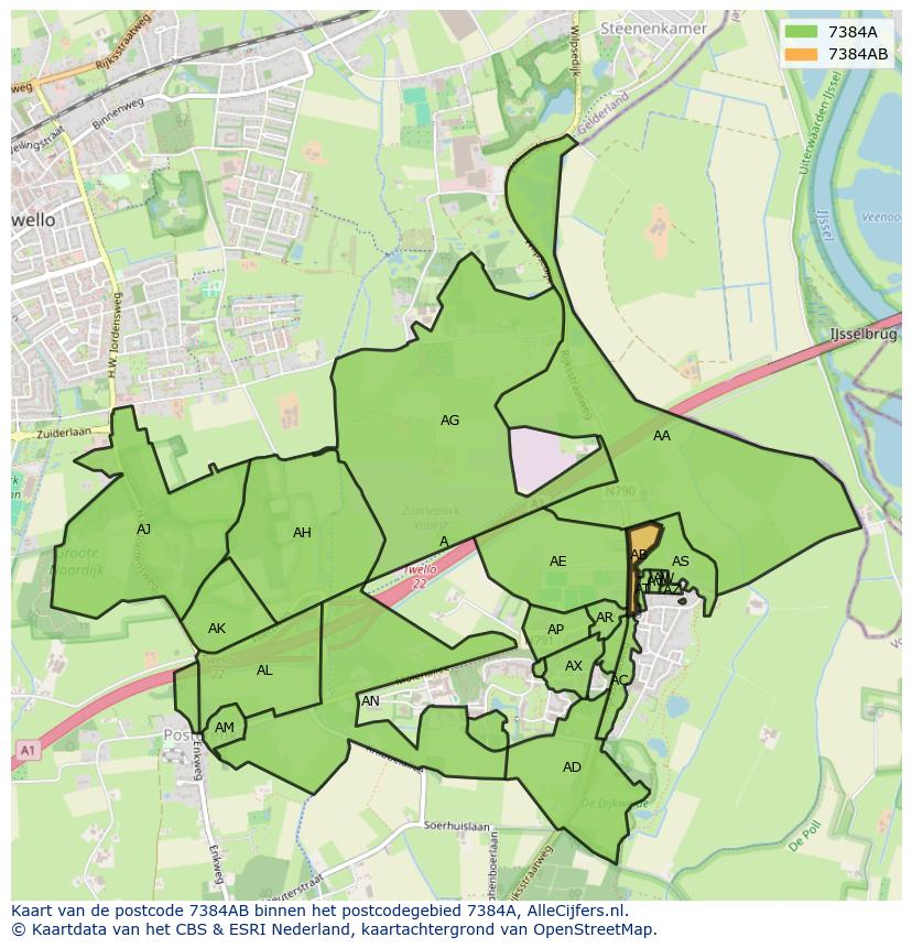 Afbeelding van het postcodegebied 7384 AB op de kaart.