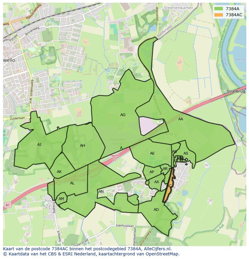 Afbeelding van het postcodegebied 7384 AC op de kaart.