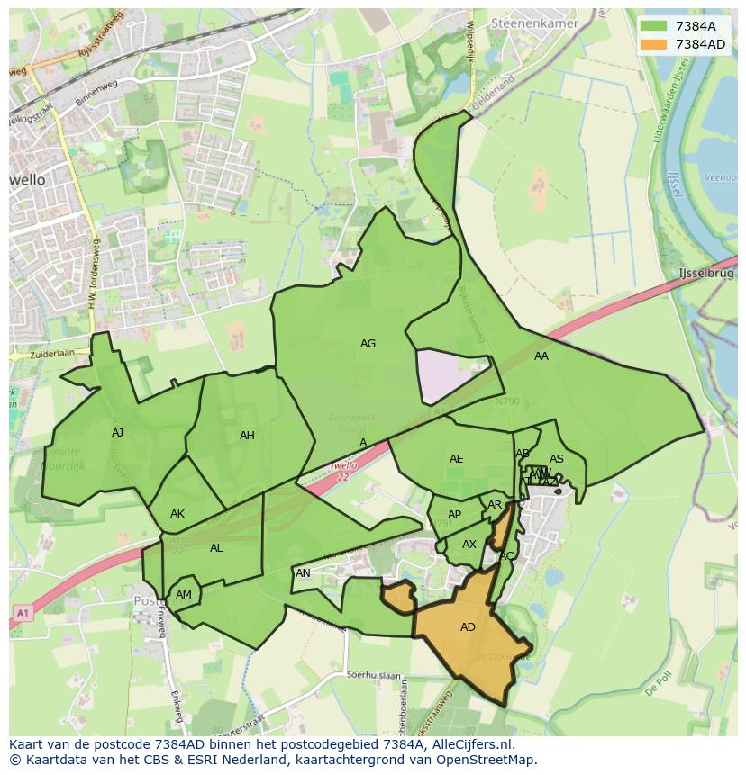 Afbeelding van het postcodegebied 7384 AD op de kaart.
