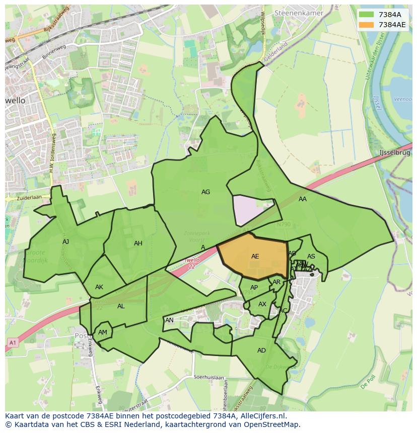 Afbeelding van het postcodegebied 7384 AE op de kaart.