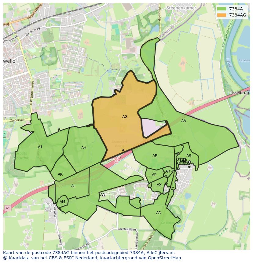 Afbeelding van het postcodegebied 7384 AG op de kaart.